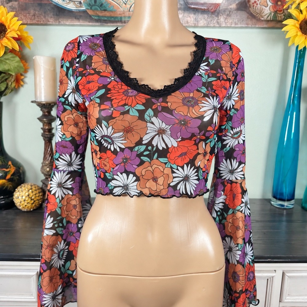 SHEIN Y2K Whimsigoth Floral Mesh Crop Top Bell Sleeve Lace Trim